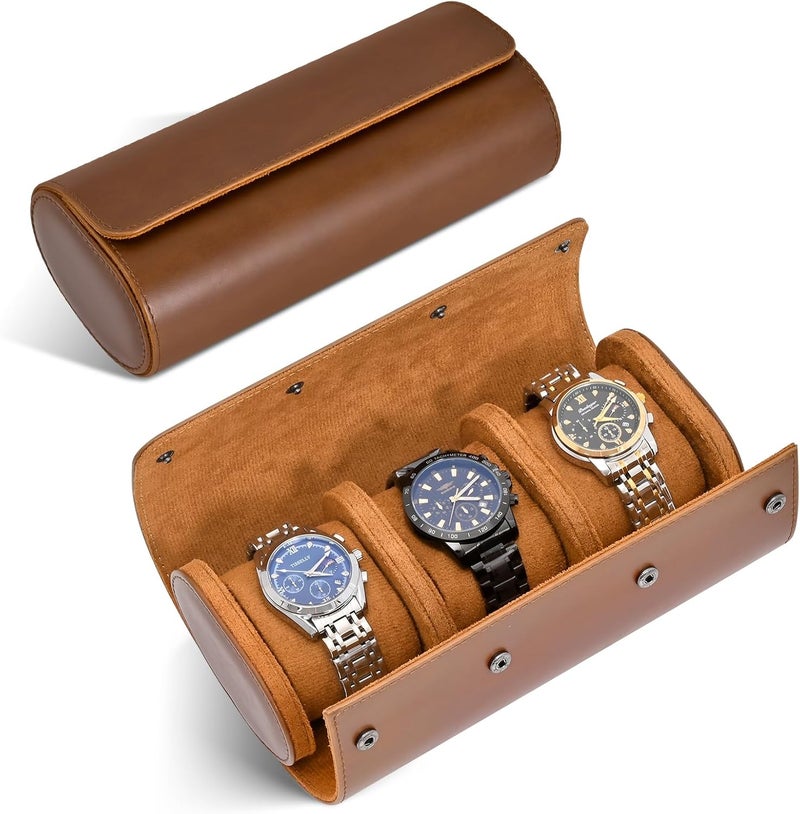ROSELLE Watch Roll Travel Case for Men and Women- 3 Watch Storage and Organizer-Secure Storage with Innovative Removable Pillows & Solid Dividers for Home, Travel and Display(Brown) - Image 1